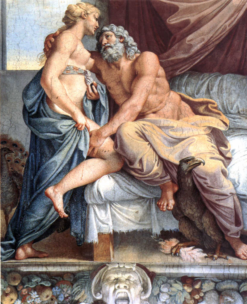 Apesar das “saidinhas” de Zeus, podemos perceber seu olhar apaixonado pela mulher.