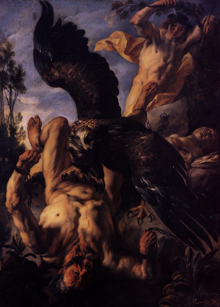 Nesta versão do mito, quem acorrentou Prometeu foi Hermes (no canto direito superior), a pedido de Zeus.