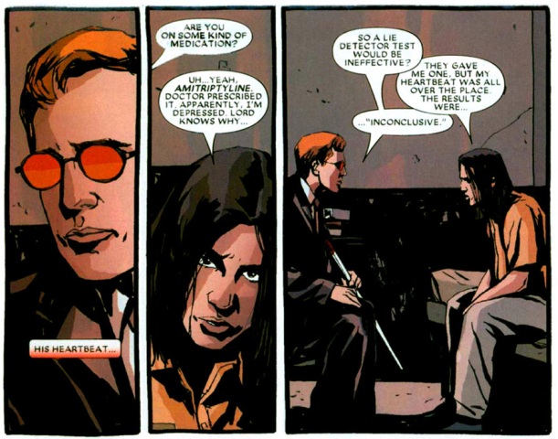 Amostra da arte de Gaydos. Um detalhe interessante é que Murdock defende o garoto mesmo sem poder usar seus poderes pra saber se ele está dizendo a verdade.